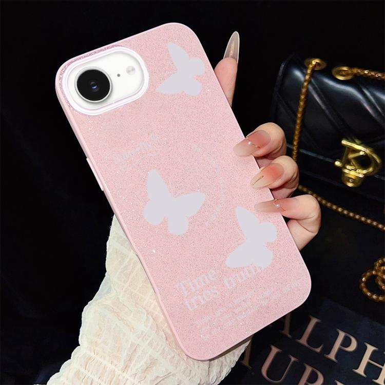 For iPhone 17e / 16e White Butterflies Pattern IMD Glitter PC Hybrid TPU Phone Case