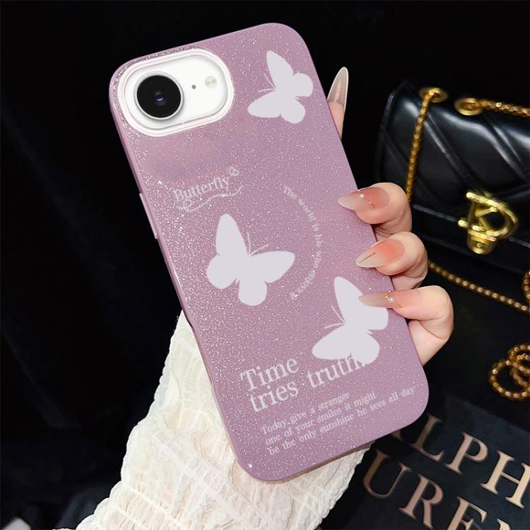 For iPhone 17e / 16e White Butterflies Pattern IMD Glitter PC Hybrid TPU Phone Case
