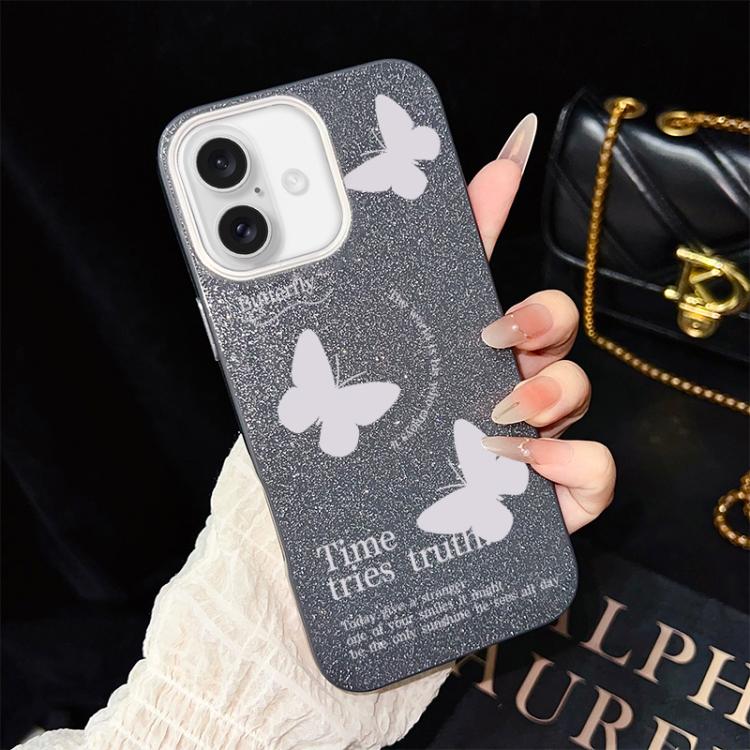 For iPhone 17 White Butterflies Pattern IMD Glitter PC Hybrid TPU Phone Case