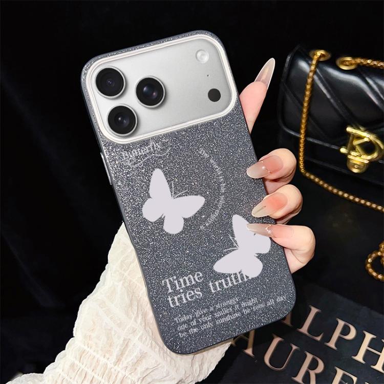 For iPhone 17 Pro Max White Butterflies Pattern IMD Glitter PC Hybrid TPU Phone Case