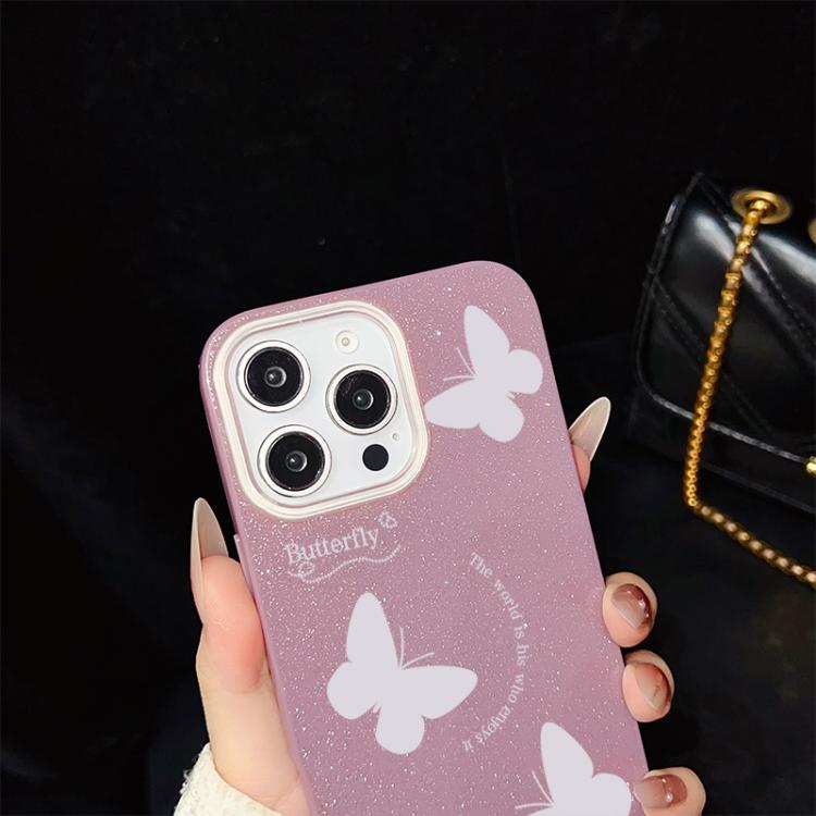 For iPhone 15 White Butterflies Pattern IMD Glitter PC Hybrid TPU Phone Case