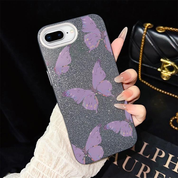 For iPhone 8 Plus / 7 Plus Minimalist Purple Butterflies Pattern IMD Glitter PC Hybrid TPU Phone Case