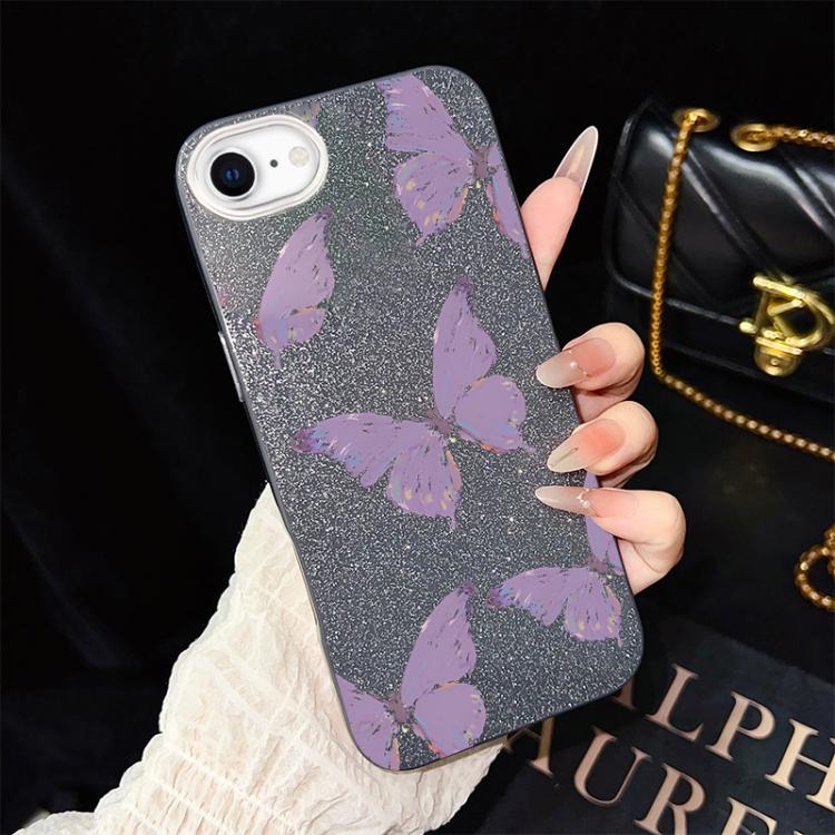 For iPhone SE 2022 / SE 2020 Minimalist Purple Butterflies Pattern IMD Glitter PC Hybrid TPU Phone Case