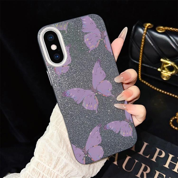 For iPhone XS / X Minimalist Purple Butterflies Pattern IMD Glitter PC Hybrid TPU Phone Case