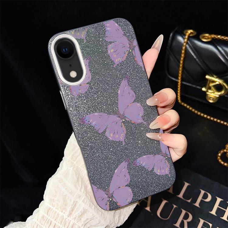 For iPhone XR Minimalist Purple Butterflies Pattern IMD Glitter PC Hybrid TPU Phone Case