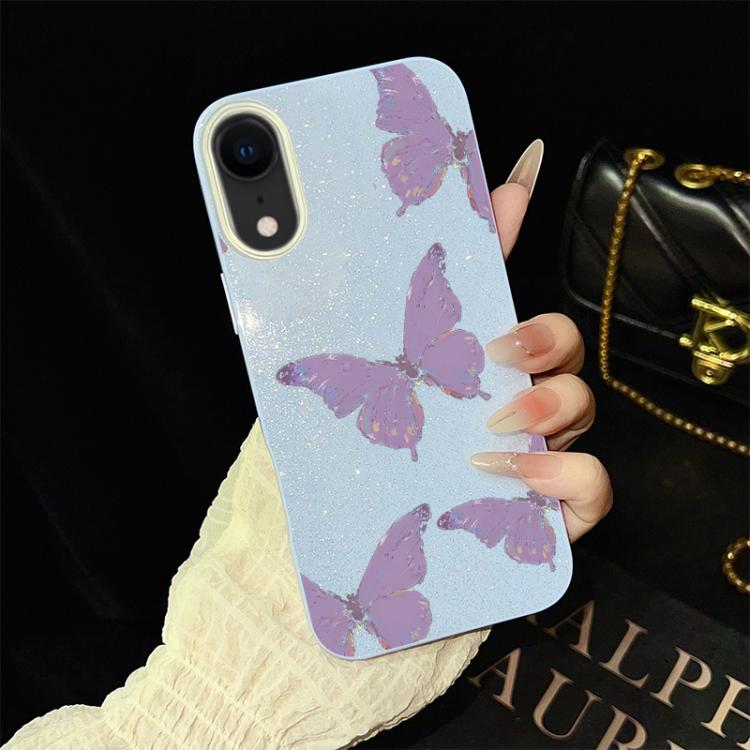 For iPhone XR Minimalist Purple Butterflies Pattern IMD Glitter PC Hybrid TPU Phone Case