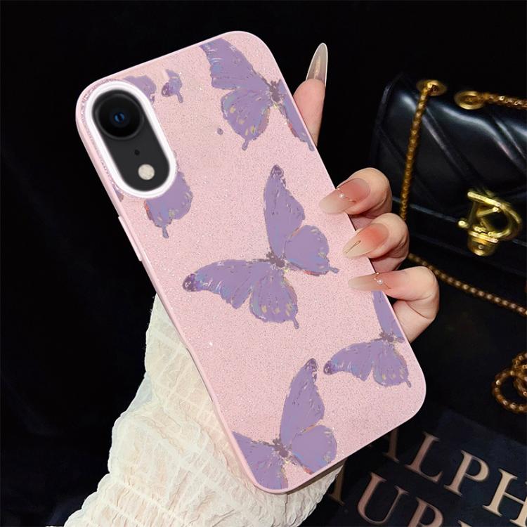 For iPhone XR Minimalist Purple Butterflies Pattern IMD Glitter PC Hybrid TPU Phone Case
