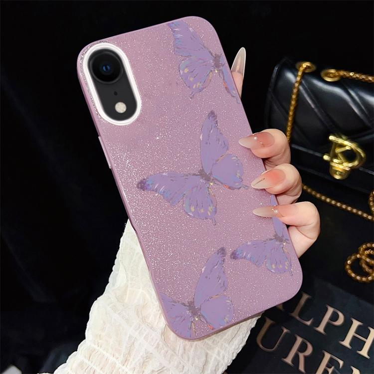 For iPhone XR Minimalist Purple Butterflies Pattern IMD Glitter PC Hybrid TPU Phone Case