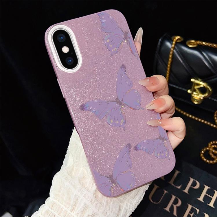For iPhone XS Max Minimalist Purple Butterflies Pattern IMD Glitter PC Hybrid TPU Phone Case