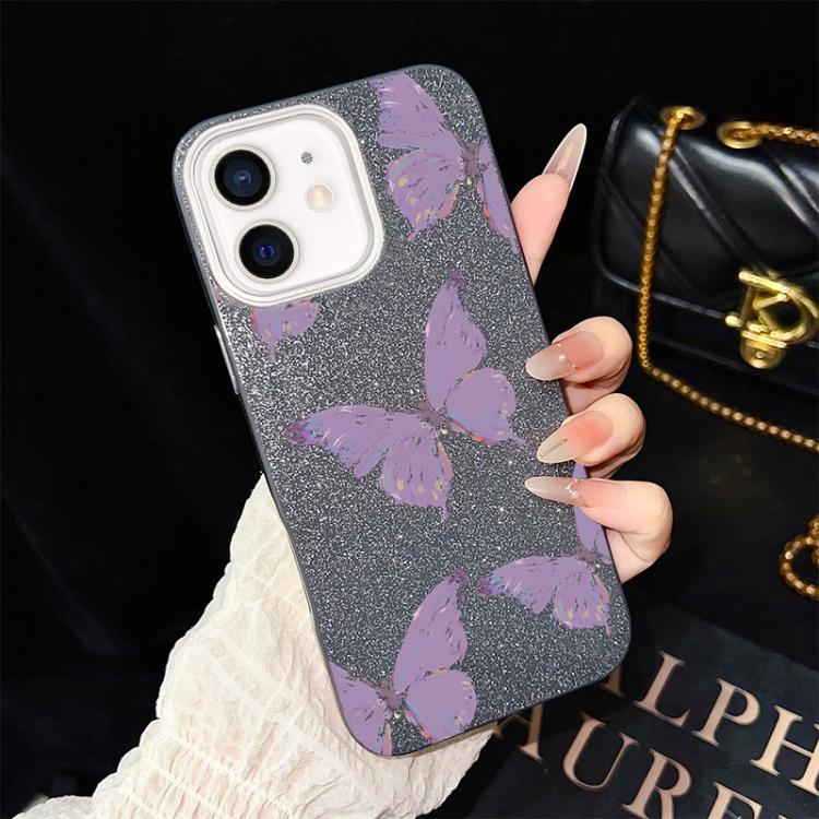For iPhone 11 Minimalist Purple Butterflies Pattern IMD Glitter PC Hybrid TPU Phone Case