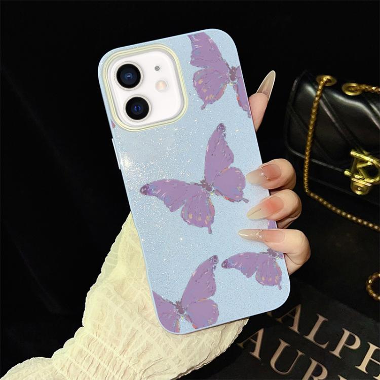 For iPhone 11 Minimalist Purple Butterflies Pattern IMD Glitter PC Hybrid TPU Phone Case