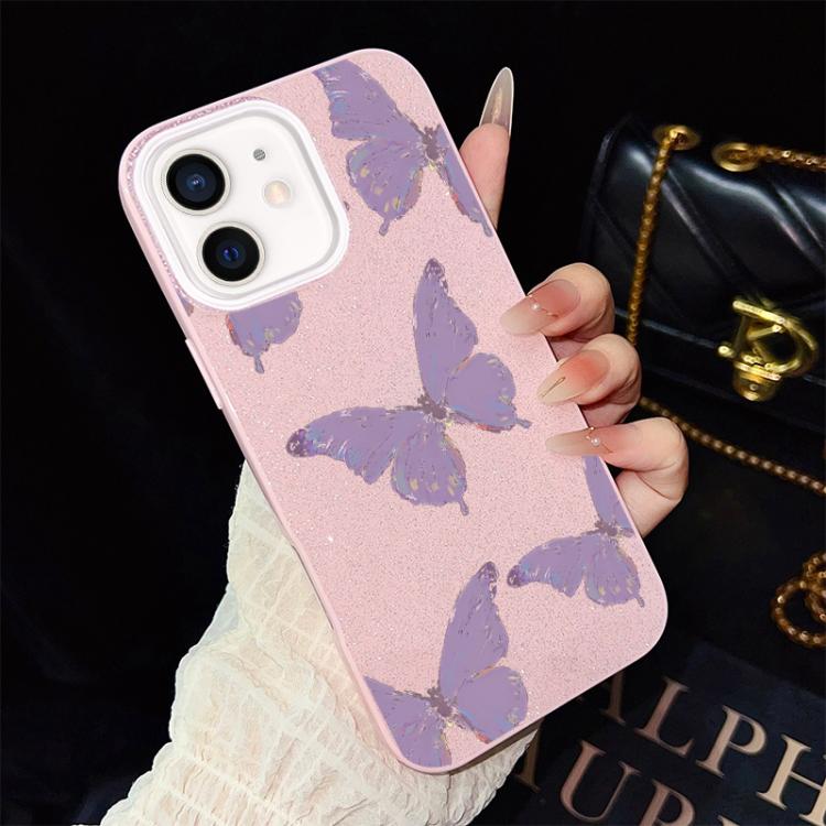 For iPhone 11 Minimalist Purple Butterflies Pattern IMD Glitter PC Hybrid TPU Phone Case