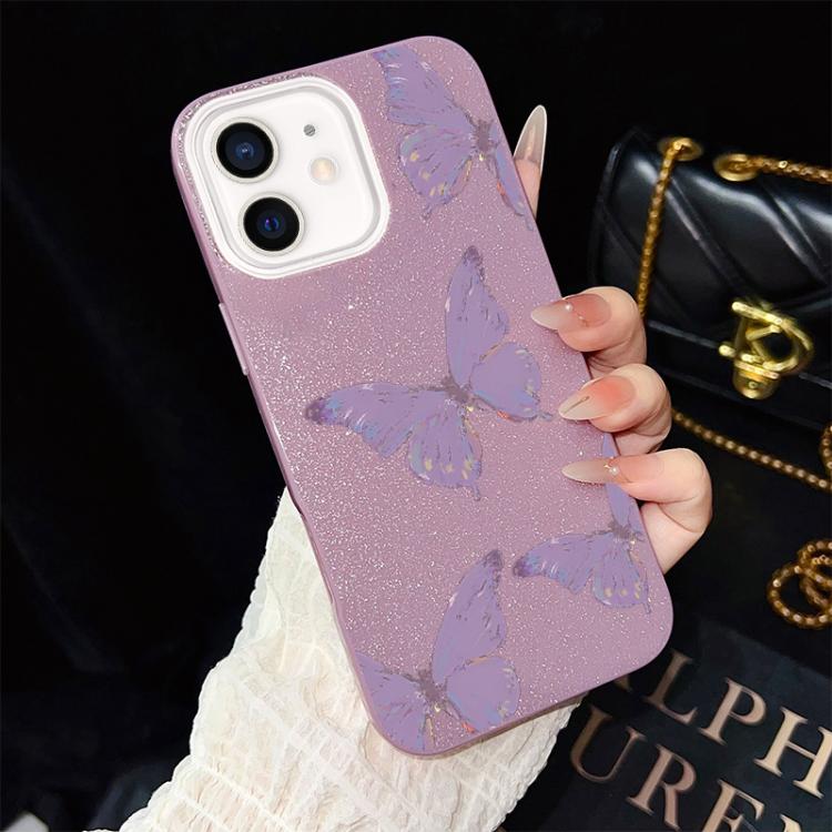For iPhone 11 Minimalist Purple Butterflies Pattern IMD Glitter PC Hybrid TPU Phone Case