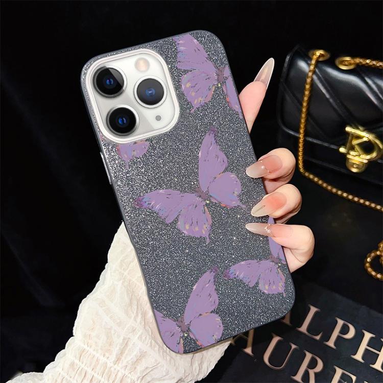 For iPhone 11 Pro Minimalist Purple Butterflies Pattern IMD Glitter PC Hybrid TPU Phone Case
