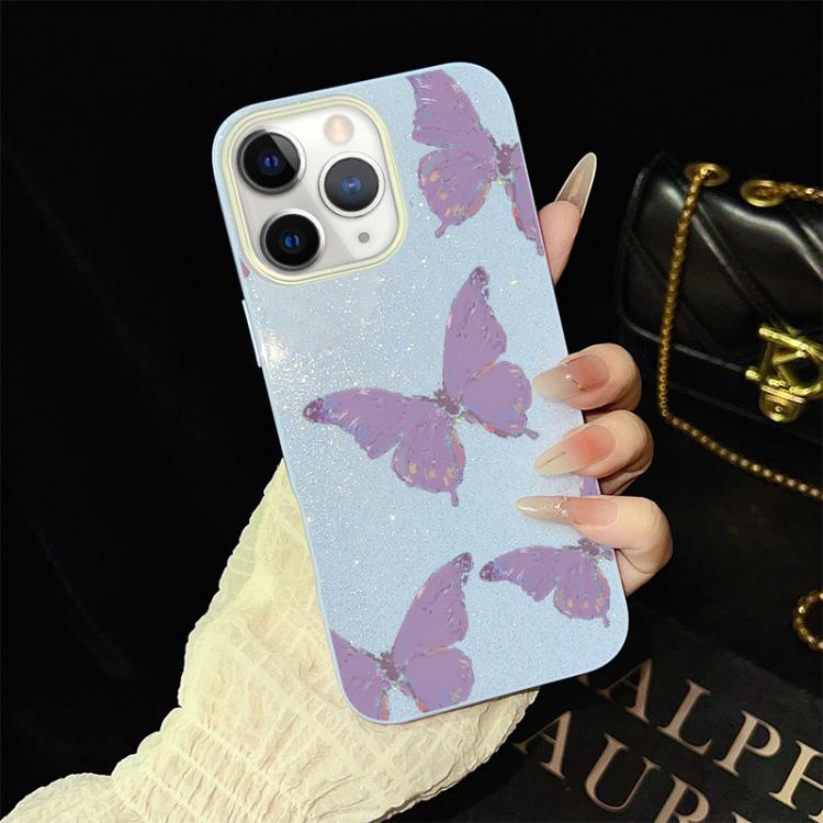 For iPhone 11 Pro Minimalist Purple Butterflies Pattern IMD Glitter PC Hybrid TPU Phone Case