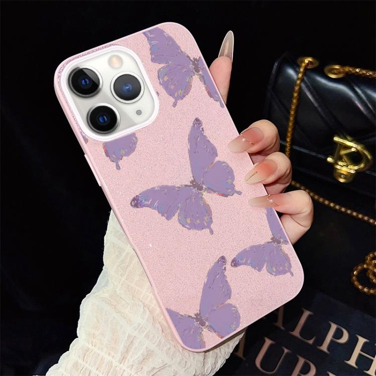 For iPhone 11 Pro Minimalist Purple Butterflies Pattern IMD Glitter PC Hybrid TPU Phone Case