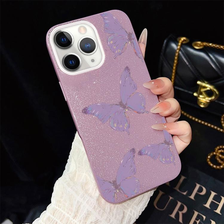 For iPhone 11 Pro Max Minimalist Purple Butterflies Pattern IMD Glitter PC Hybrid TPU Phone Case