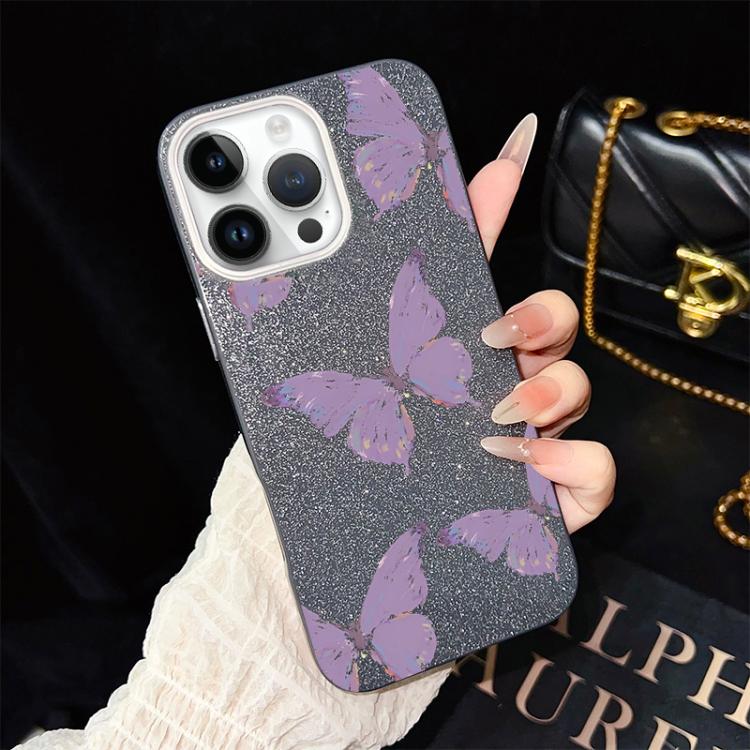 For iPhone 12 Pro Minimalist Purple Butterflies Pattern IMD Glitter PC Hybrid TPU Phone Case
