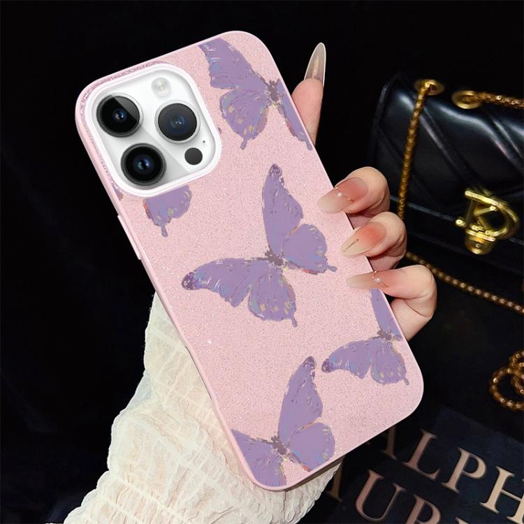 For iPhone 12 Pro Minimalist Purple Butterflies Pattern IMD Glitter PC Hybrid TPU Phone Case