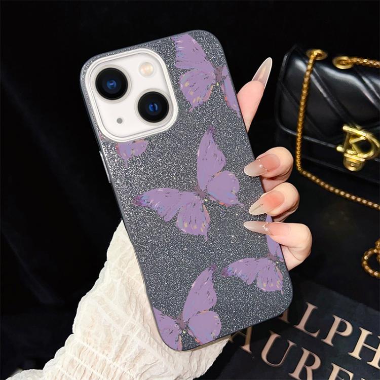 For iPhone 13 Minimalist Purple Butterflies Pattern IMD Glitter PC Hybrid TPU Phone Case