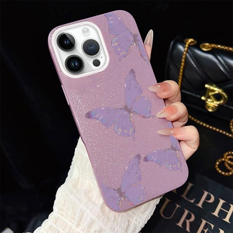 For iPhone 13 Pro Minimalist Purple Butterflies Pattern IMD Glitter PC Hybrid TPU Phone Case