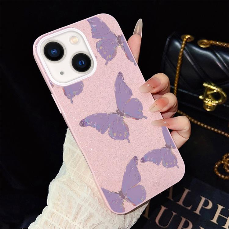 For iPhone 14 Minimalist Purple Butterflies Pattern IMD Glitter PC Hybrid TPU Phone Case