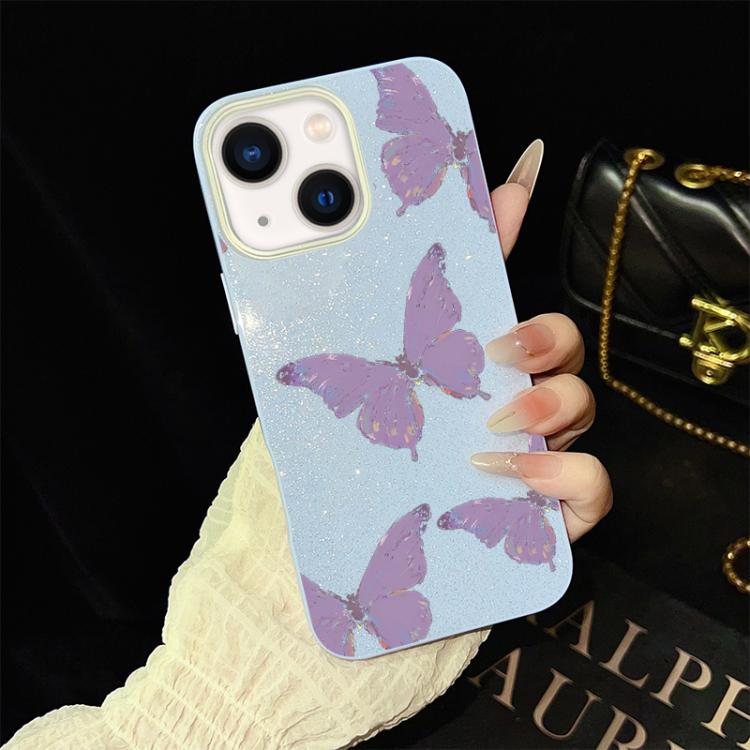 For iPhone 14 Plus Minimalist Purple Butterflies Pattern IMD Glitter PC Hybrid TPU Phone Case