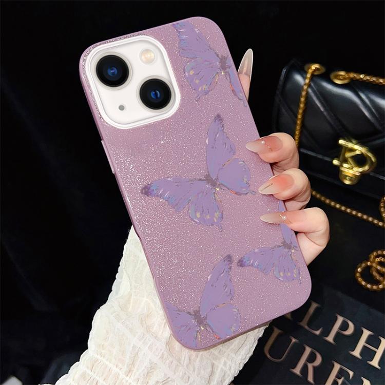 For iPhone 14 Plus Minimalist Purple Butterflies Pattern IMD Glitter PC Hybrid TPU Phone Case