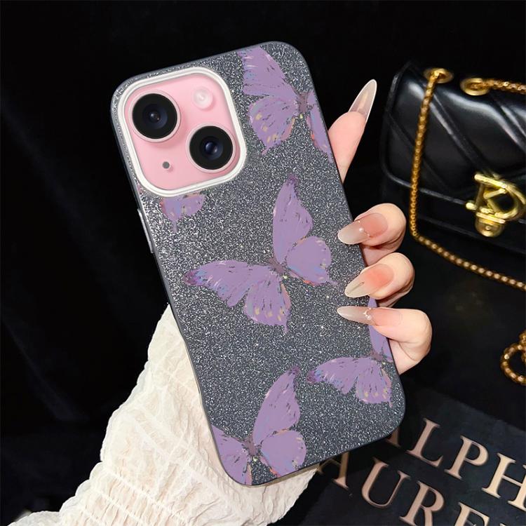 For iPhone 15 Minimalist Purple Butterflies Pattern IMD Glitter PC Hybrid TPU Phone Case