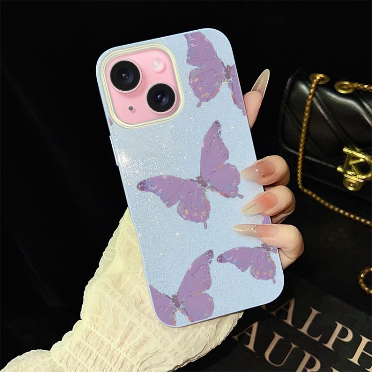 For iPhone 15 Minimalist Purple Butterflies Pattern IMD Glitter PC Hybrid TPU Phone Case