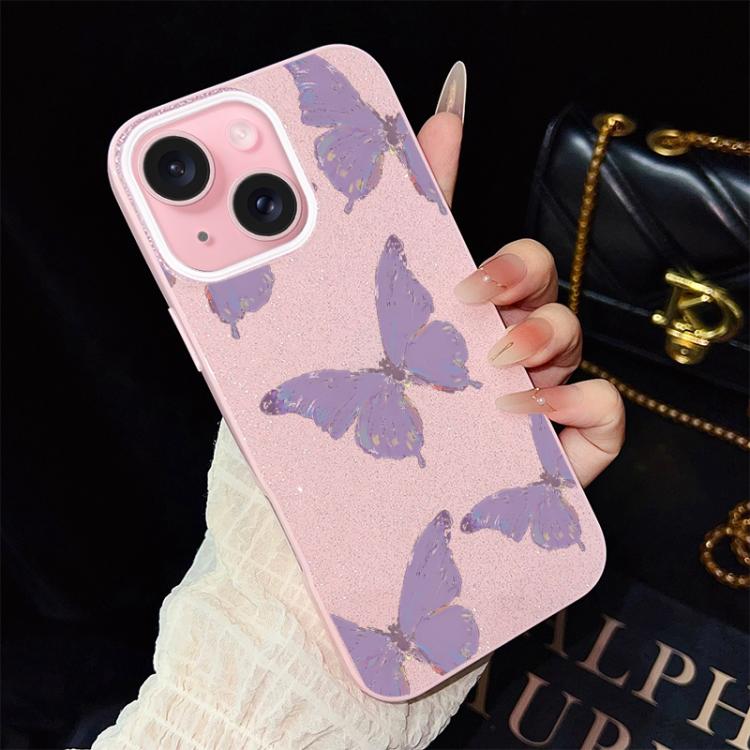 For iPhone 15 Minimalist Purple Butterflies Pattern IMD Glitter PC Hybrid TPU Phone Case
