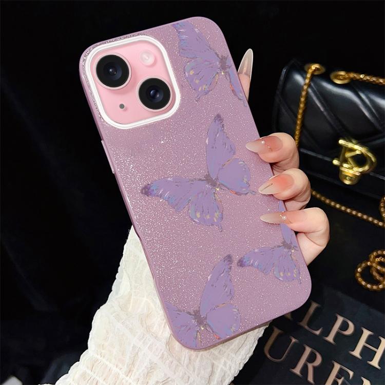 For iPhone 15 Minimalist Purple Butterflies Pattern IMD Glitter PC Hybrid TPU Phone Case