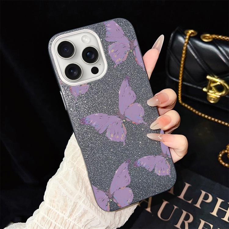 For iPhone 15 Pro Minimalist Purple Butterflies Pattern IMD Glitter PC Hybrid TPU Phone Case