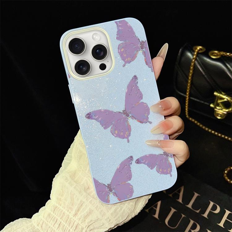 For iPhone 15 Pro Minimalist Purple Butterflies Pattern IMD Glitter PC Hybrid TPU Phone Case