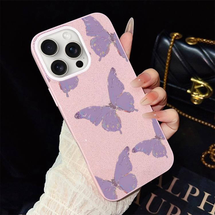For iPhone 15 Pro Minimalist Purple Butterflies Pattern IMD Glitter PC Hybrid TPU Phone Case