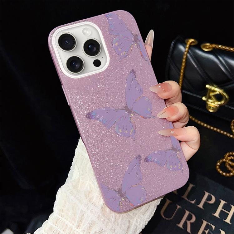 For iPhone 15 Pro Minimalist Purple Butterflies Pattern IMD Glitter PC Hybrid TPU Phone Case