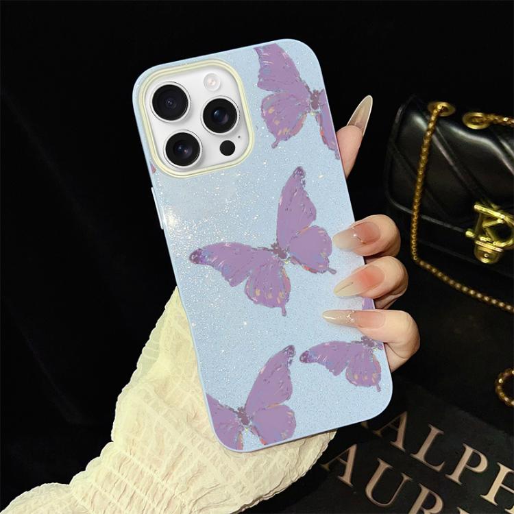 For iPhone 16 Pro Minimalist Purple Butterflies Pattern IMD Glitter PC Hybrid TPU Phone Case