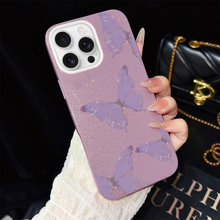 For iPhone 16 Pro Minimalist Purple Butterflies Pattern IMD Glitter PC Hybrid TPU Phone Case