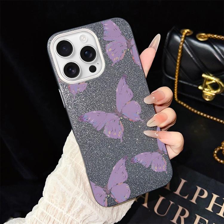 For iPhone 16 Pro Max Minimalist Purple Butterflies Pattern IMD Glitter PC Hybrid TPU Phone Case