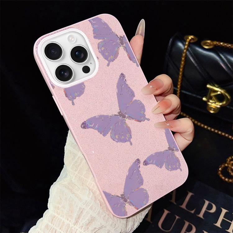 For iPhone 16 Pro Max Minimalist Purple Butterflies Pattern IMD Glitter PC Hybrid TPU Phone Case
