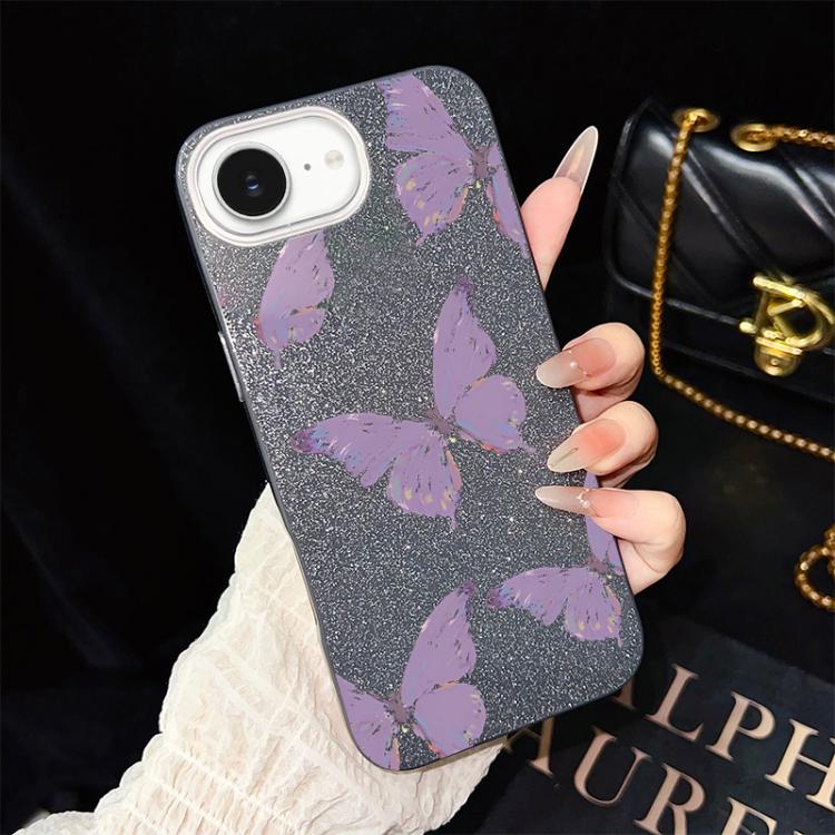For iPhone 17e / 16e Minimalist Purple Butterflies Pattern IMD Glitter PC Hybrid TPU Phone Case