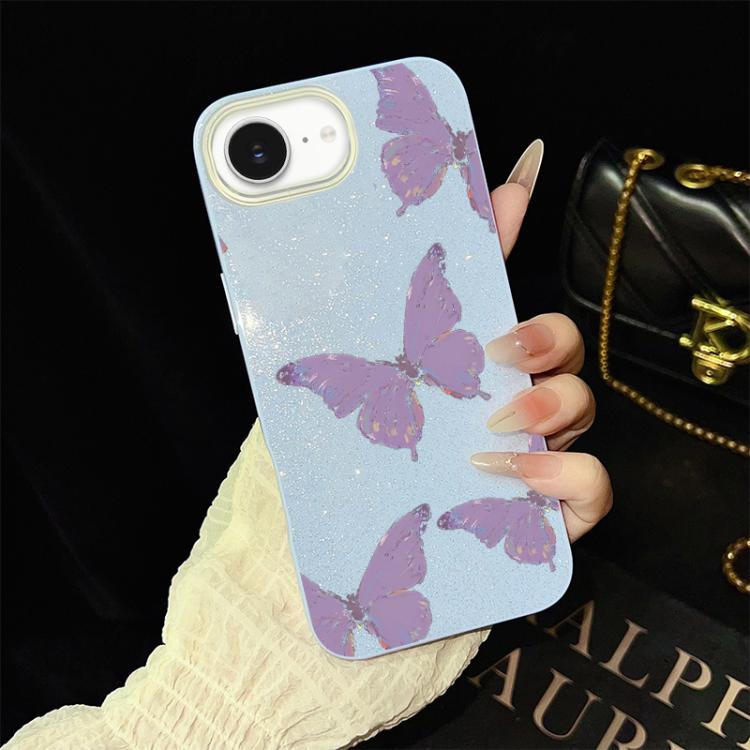 For iPhone 17e / 16e Minimalist Purple Butterflies Pattern IMD Glitter PC Hybrid TPU Phone Case