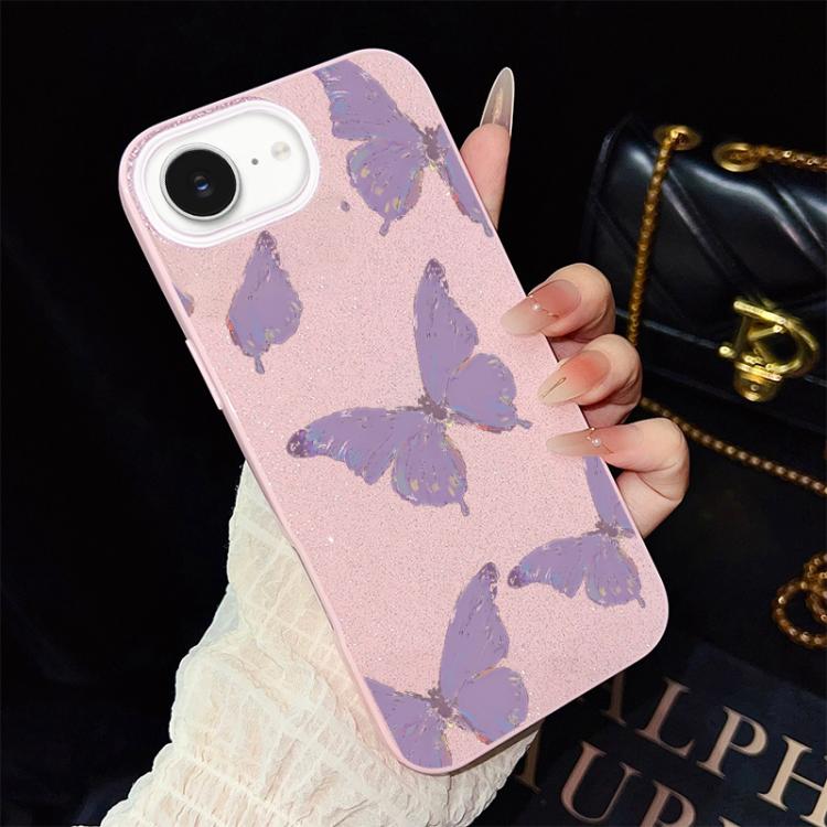 For iPhone 17e / 16e Minimalist Purple Butterflies Pattern IMD Glitter PC Hybrid TPU Phone Case