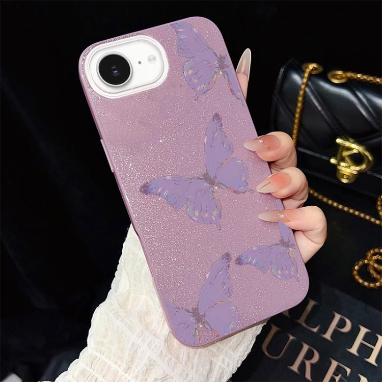 For iPhone 17e / 16e Minimalist Purple Butterflies Pattern IMD Glitter PC Hybrid TPU Phone Case