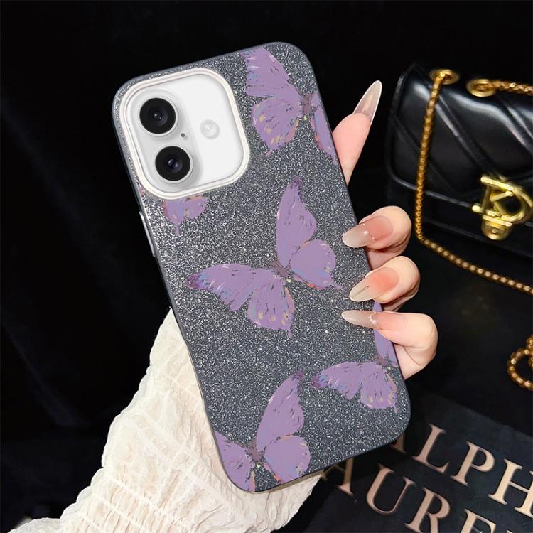 For iPhone 17 Minimalist Purple Butterflies Pattern IMD Glitter PC Hybrid TPU Phone Case