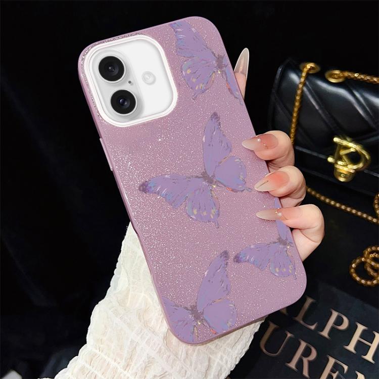 For iPhone 17 Minimalist Purple Butterflies Pattern IMD Glitter PC Hybrid TPU Phone Case