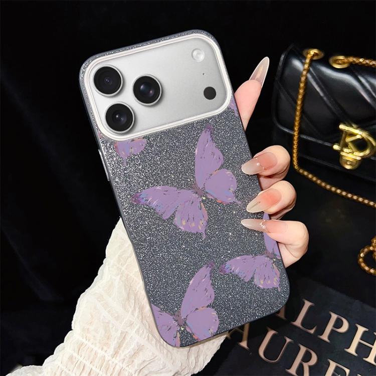 For iPhone 17 Pro Minimalist Purple Butterflies Pattern IMD Glitter PC Hybrid TPU Phone Case