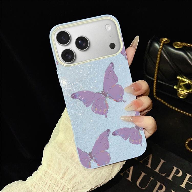 For iPhone 17 Pro Minimalist Purple Butterflies Pattern IMD Glitter PC Hybrid TPU Phone Case