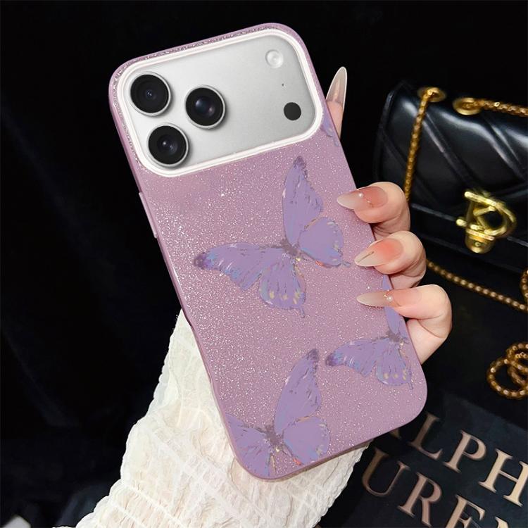 For iPhone 17 Pro Minimalist Purple Butterflies Pattern IMD Glitter PC Hybrid TPU Phone Case