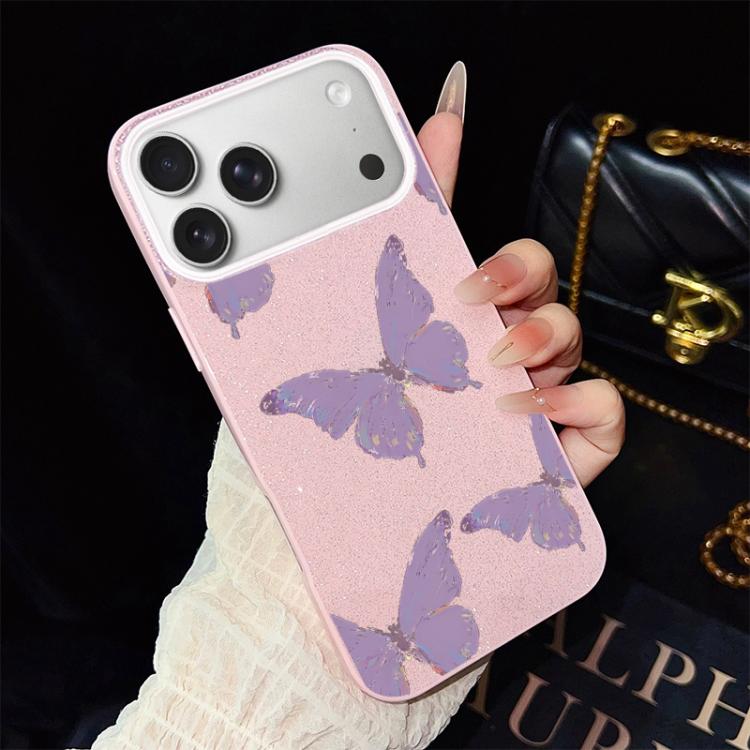 For iPhone 17 Pro Max Minimalist Purple Butterflies Pattern IMD Glitter PC Hybrid TPU Phone Case
